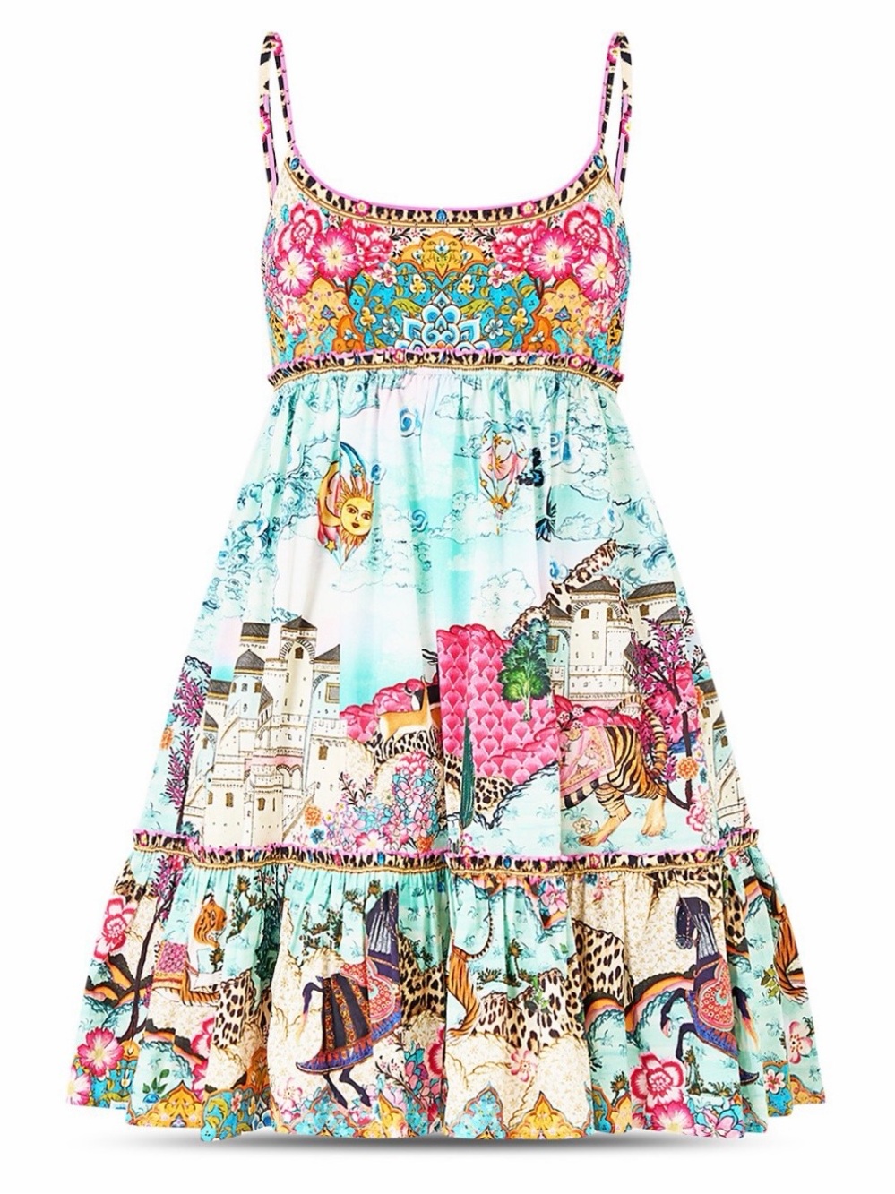 Bohemian Floral & Castle Print Sundress - Pink & Aqua